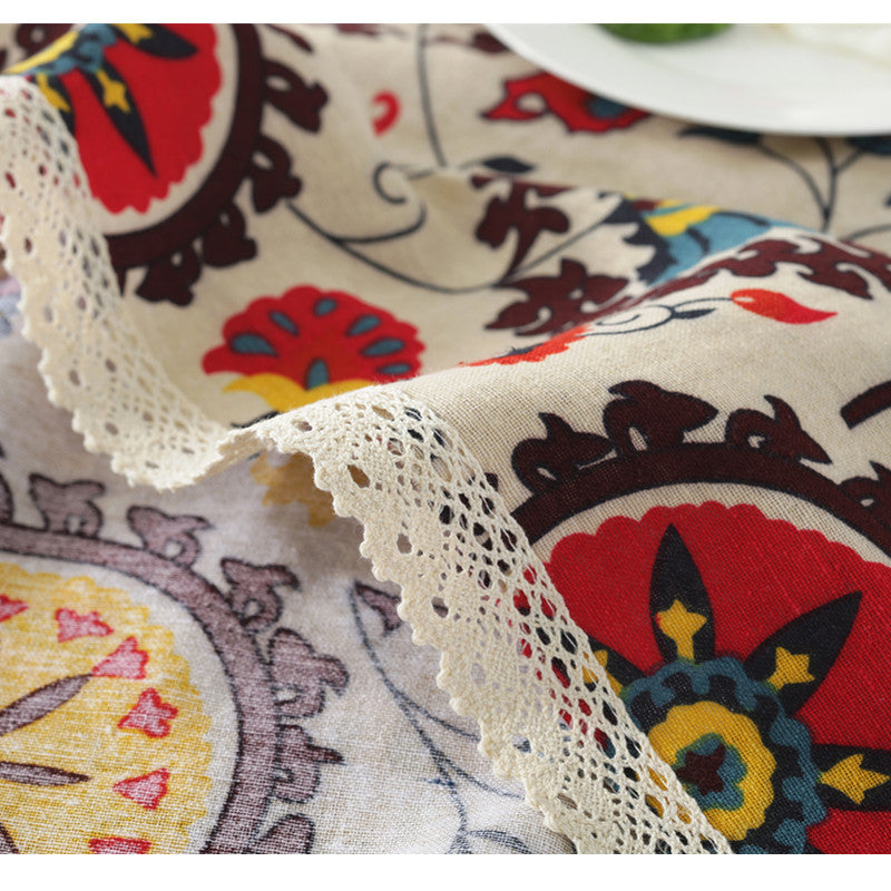 Sunflower Cotton Linen Tablecloth with Vintage Lace Trim Cotton Linen Tablecloth Oasis Select