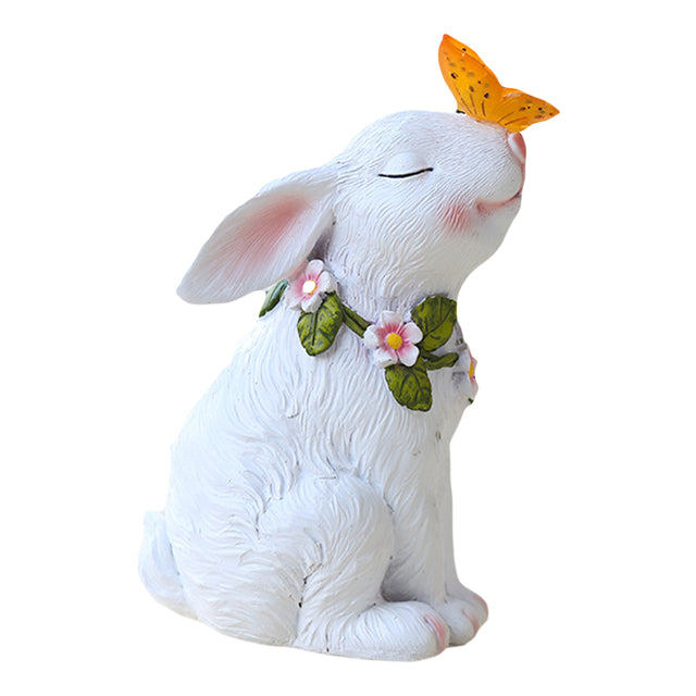 Solar Powered Rabbit & Butterfly Garden Ornament | Resin Statue Solar Garden Ornament Oasis Select White