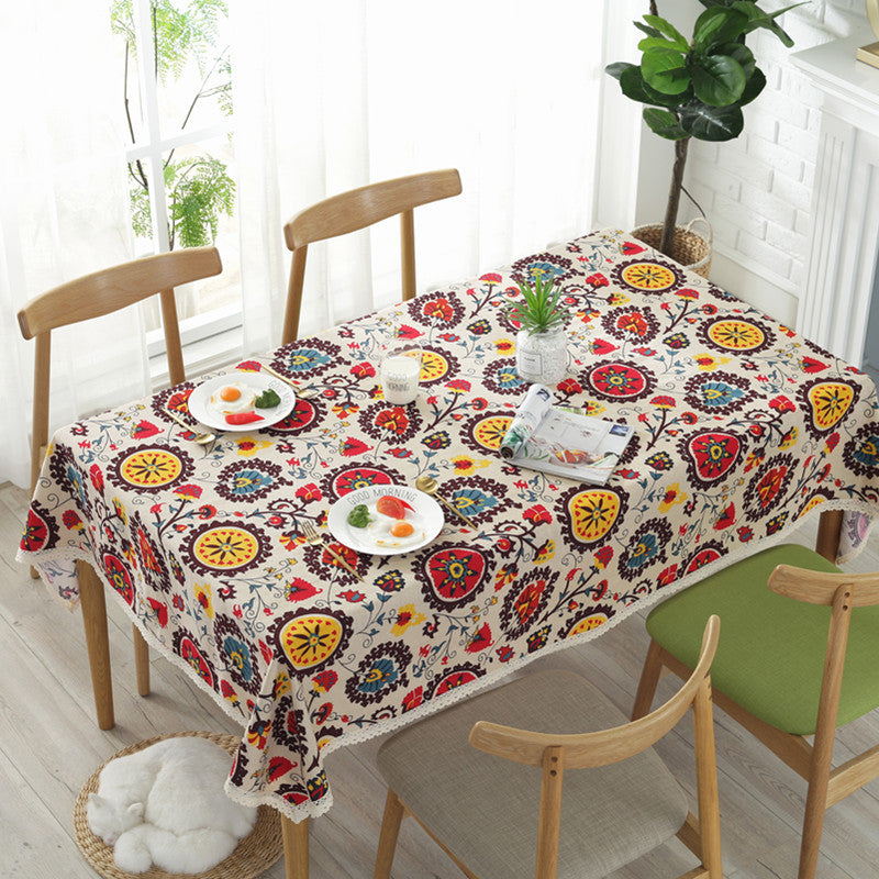 Sunflower Cotton Linen Tablecloth with Vintage Lace Trim Cotton Linen Tablecloth Oasis Select