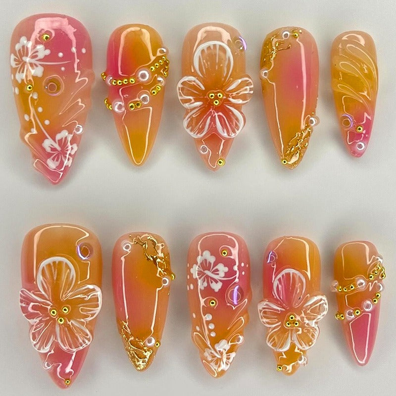 French Floral Press-On Nail Set | 3D Gold Powder Tips Press-On Nail Set Oasis Select
