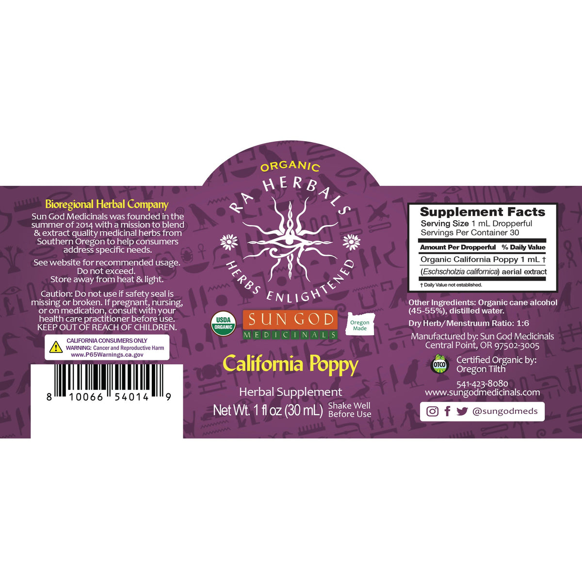 Organic California Poppy Tincture | Ra Herbals Herbal Extract Herbal Tincture Oasis Select