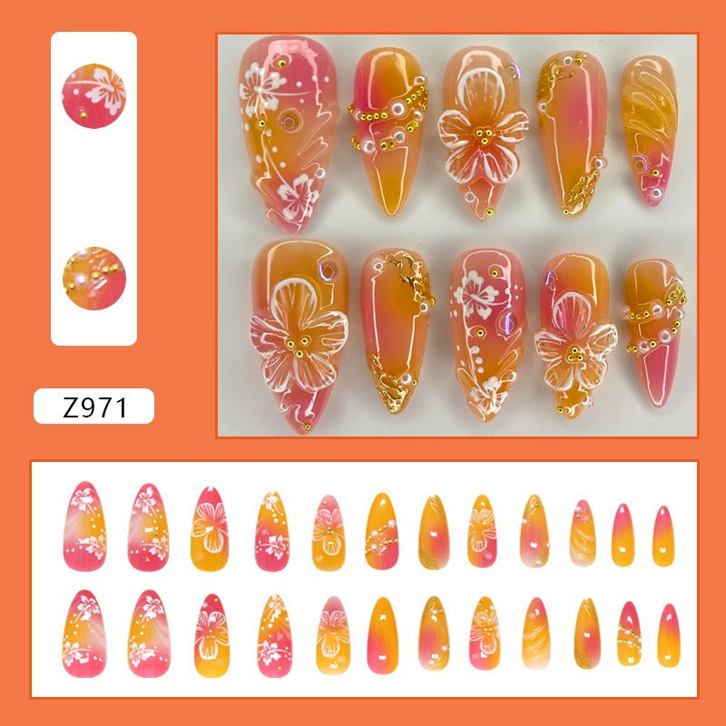 French Floral Press-On Nail Set | 3D Gold Powder Tips Press-On Nail Set Oasis Select