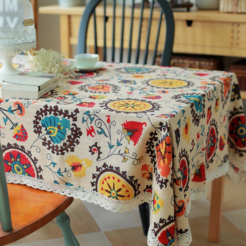 Sunflower Cotton Linen Tablecloth with Vintage Lace Trim Cotton Linen Tablecloth Oasis Select Sun flower 60x60CM