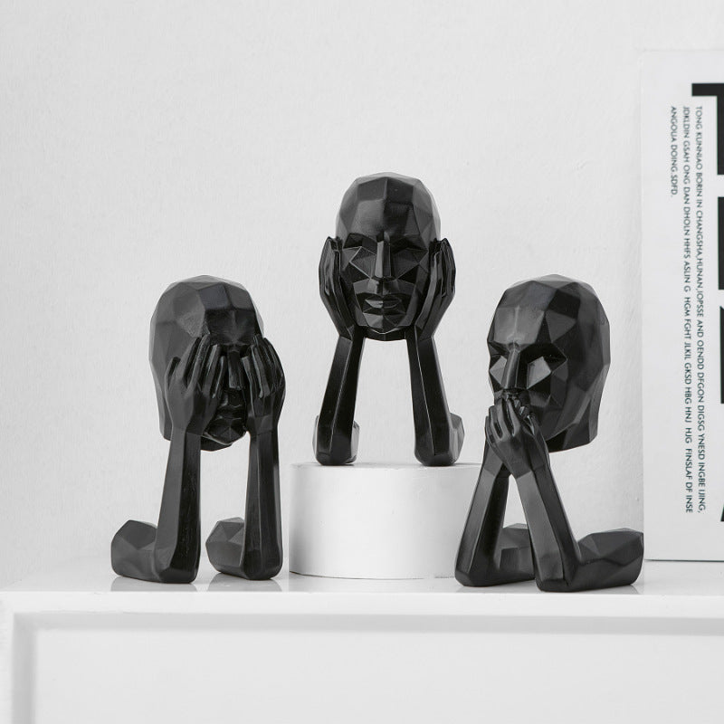 Abstract Art Figurine – Modern Geometric Home & Office Decor Decorative Figurine Oasis Select Geometric cutting don't listen, don't say, don't look at statue suit-Black View details