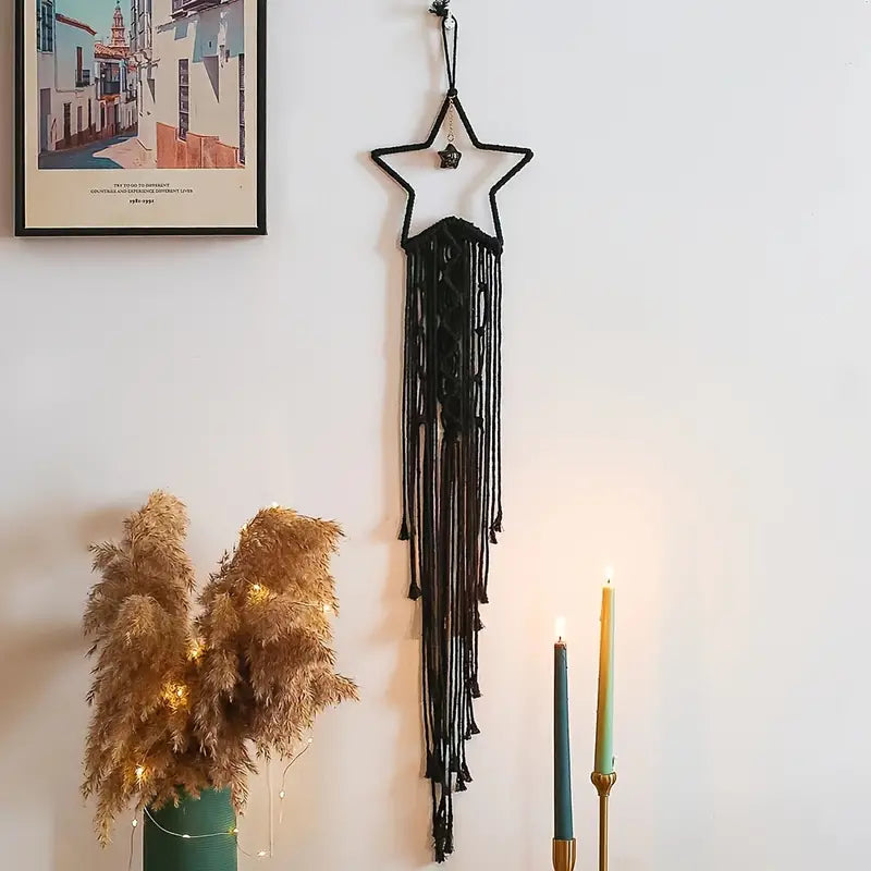 Handmade Black Star & Moon Cotton Rope Dream Catcher Boho Wall Hanging Oasis Select
