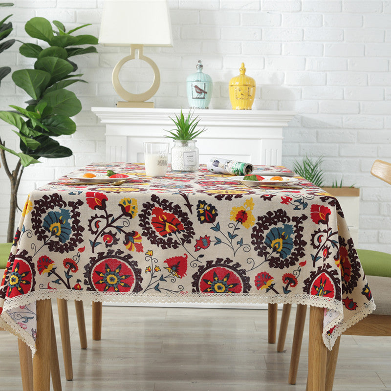 Sunflower Cotton Linen Tablecloth with Vintage Lace Trim Cotton Linen Tablecloth Oasis Select