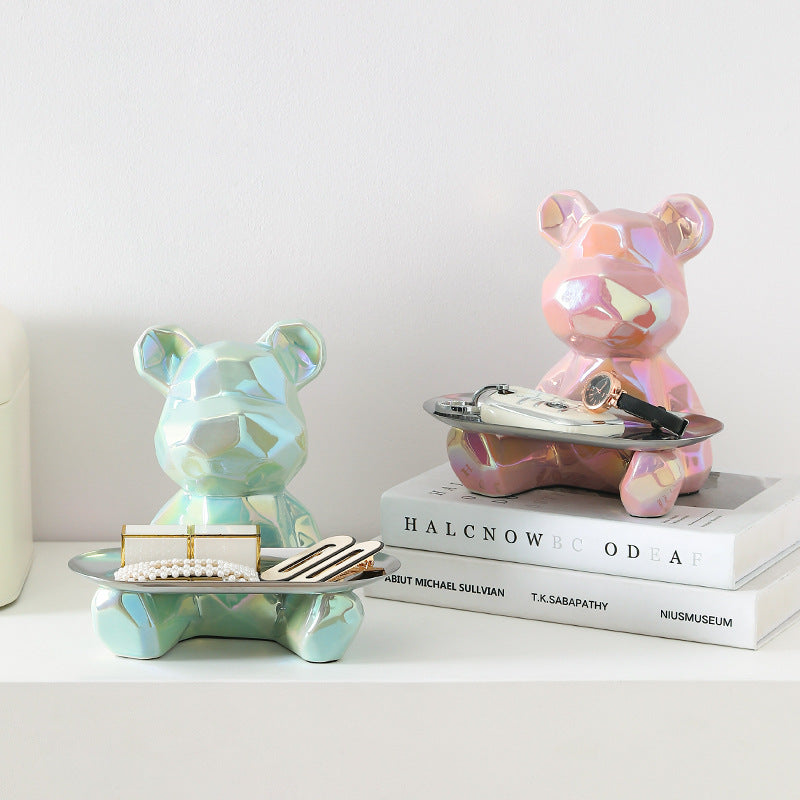 Colorful Electroplated Bear Decor Tray & Piggy Bank | Ceramic Decorative Bear Tray Oasis Select