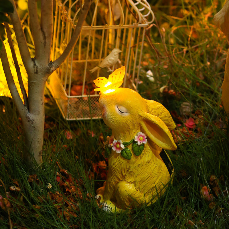 Solar Powered Rabbit & Butterfly Garden Ornament | Resin Statue Solar Garden Ornament Oasis Select