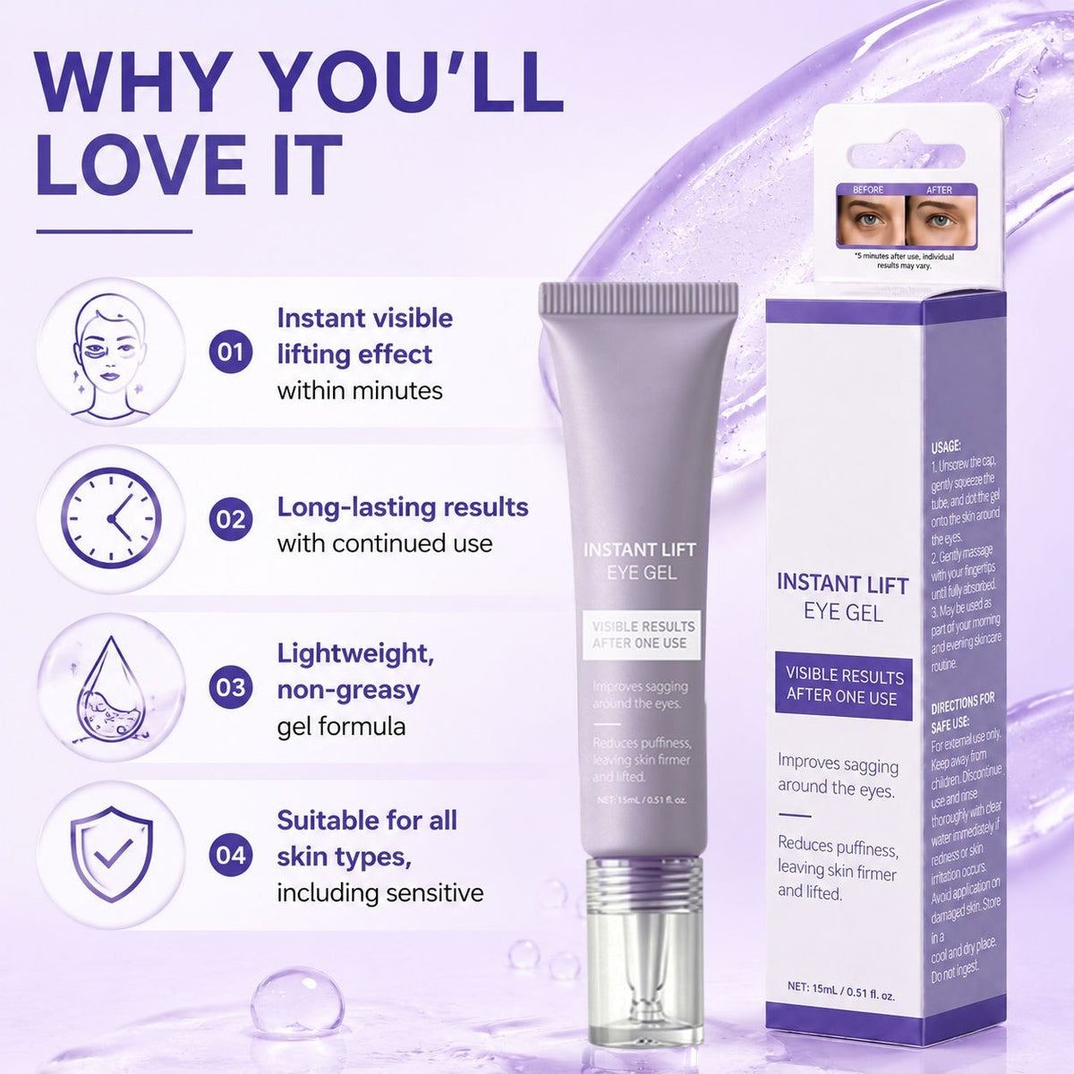 Instant Lifting Eye Cream Gel 15ml – Brighten & Firm Eye Cream Gel Oasis Select