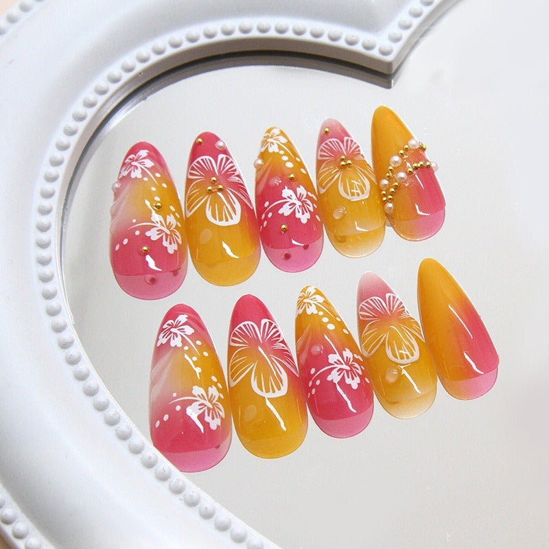 French Floral Press-On Nail Set | 3D Gold Powder Tips Press-On Nail Set Oasis Select
