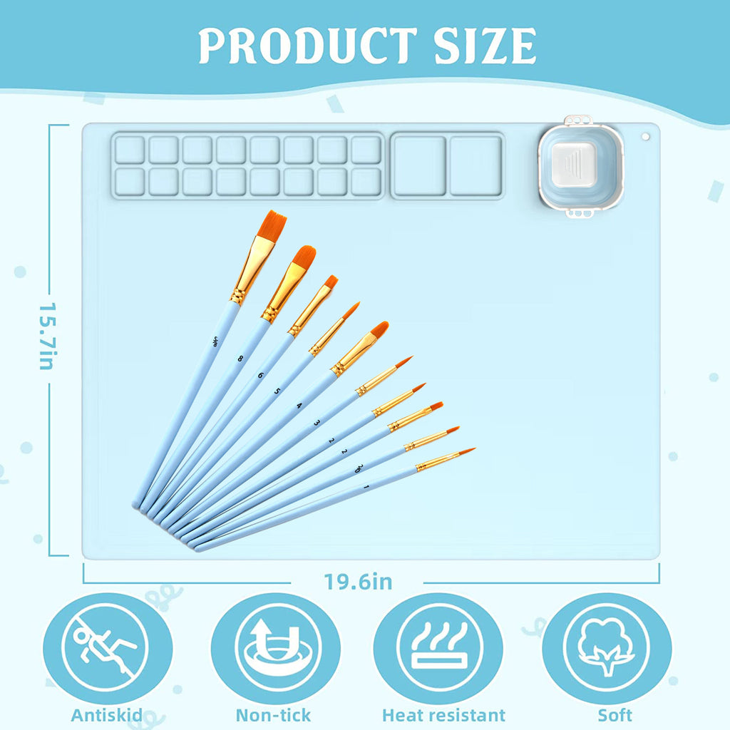 Silicone Drawing Mat for Kids with Palette & Brushes Kids Art Mat Oasis Select Painting pad + washing Cup +10 painting brushes