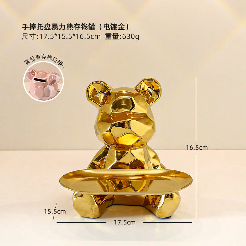 Colorful Electroplated Bear Decor Tray & Piggy Bank | Ceramic Decorative Bear Tray Oasis Select Hand-held tray violent bear piggy bank [gold plating]]