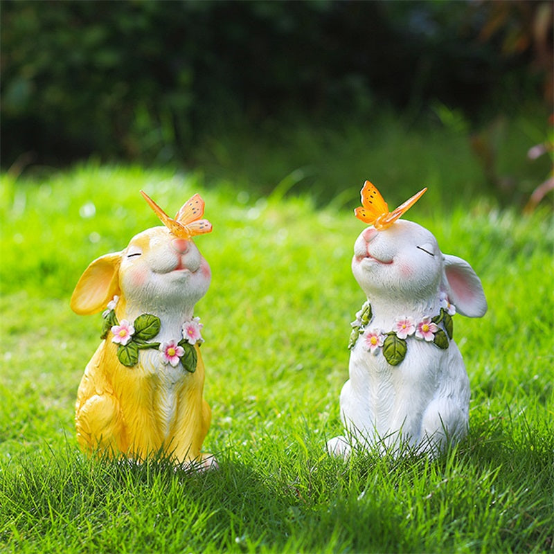 Solar Powered Rabbit & Butterfly Garden Ornament | Resin Statue Solar Garden Ornament Oasis Select