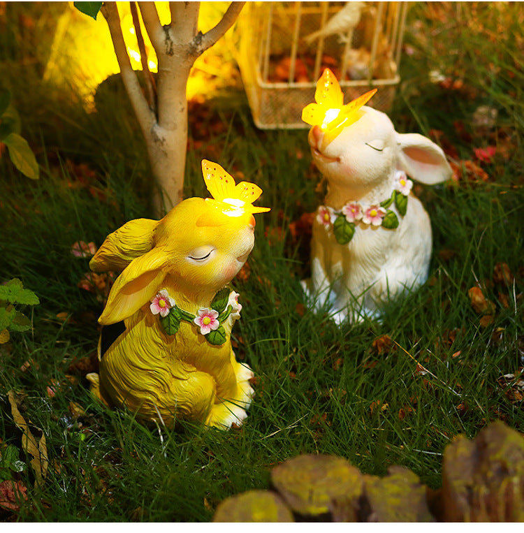 Solar Powered Rabbit & Butterfly Garden Ornament | Resin Statue Solar Garden Ornament Oasis Select