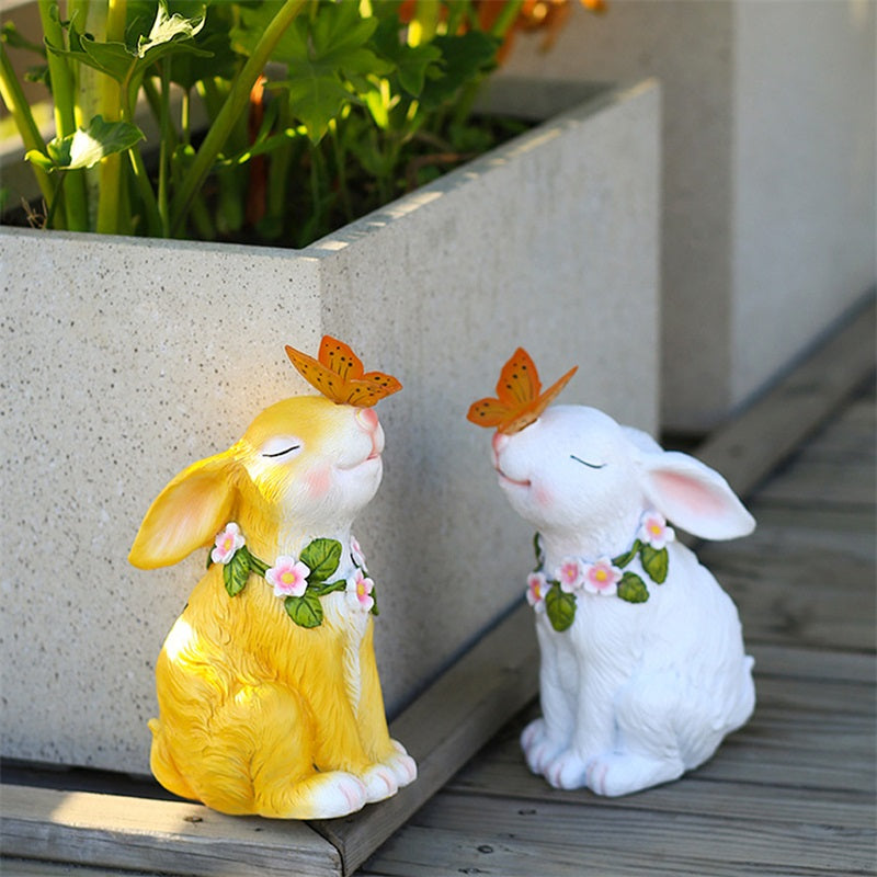 Solar Powered Rabbit & Butterfly Garden Ornament | Resin Statue Solar Garden Ornament Oasis Select