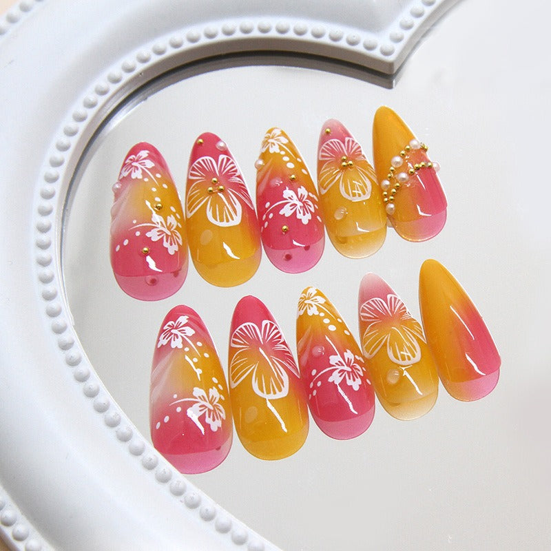 French Floral Press-On Nail Set | 3D Gold Powder Tips Press-On Nail Set Oasis Select