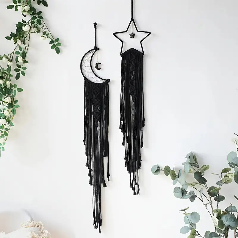Handmade Black Star & Moon Cotton Rope Dream Catcher Boho Wall Hanging Oasis Select
