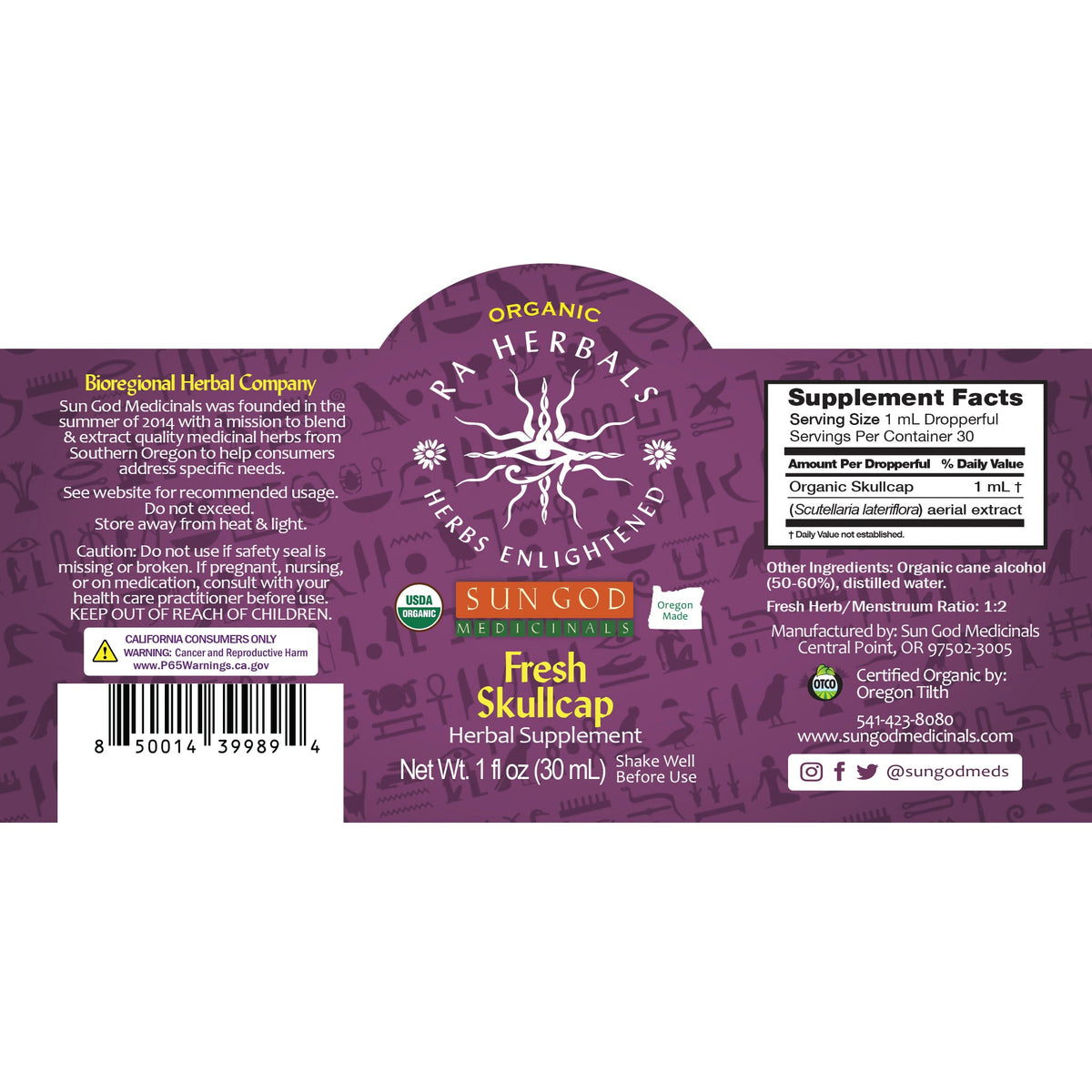 Organic Fresh Skullcap Tincture | Ra Herbals Herbal Supplement Herbal Tincture Oasis Select