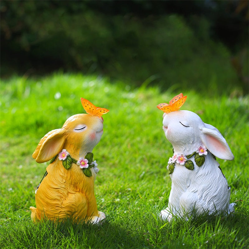 Solar Powered Rabbit & Butterfly Garden Ornament | Resin Statue Solar Garden Ornament Oasis Select