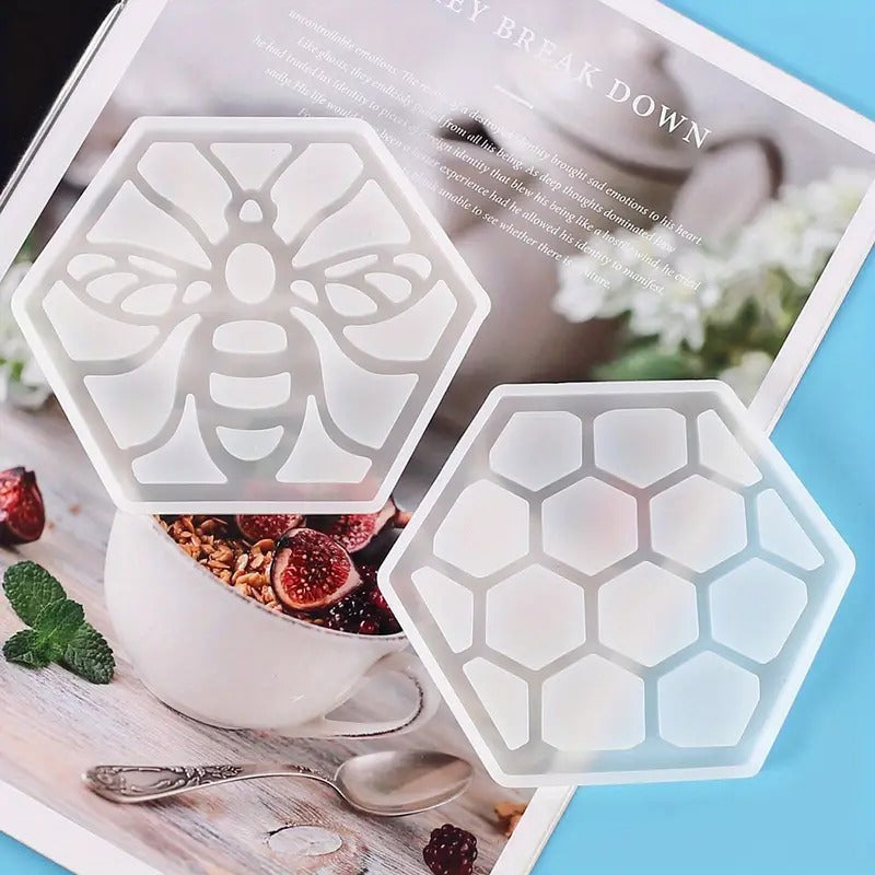 Bee Honeycomb Epoxy Coaster Silicone Mold Set – 2pcs DIY Epoxy Resin Mold Oasis Select