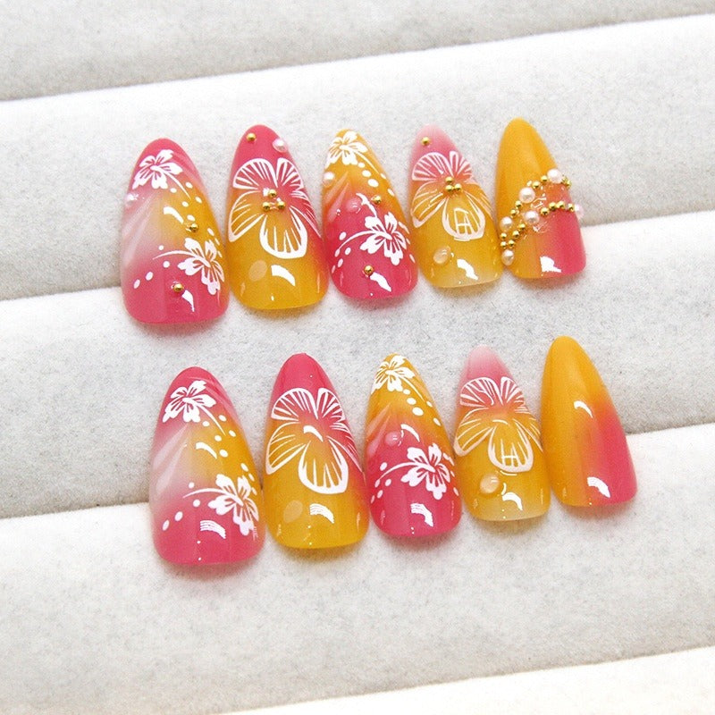 French Floral Press-On Nail Set | 3D Gold Powder Tips Press-On Nail Set Oasis Select