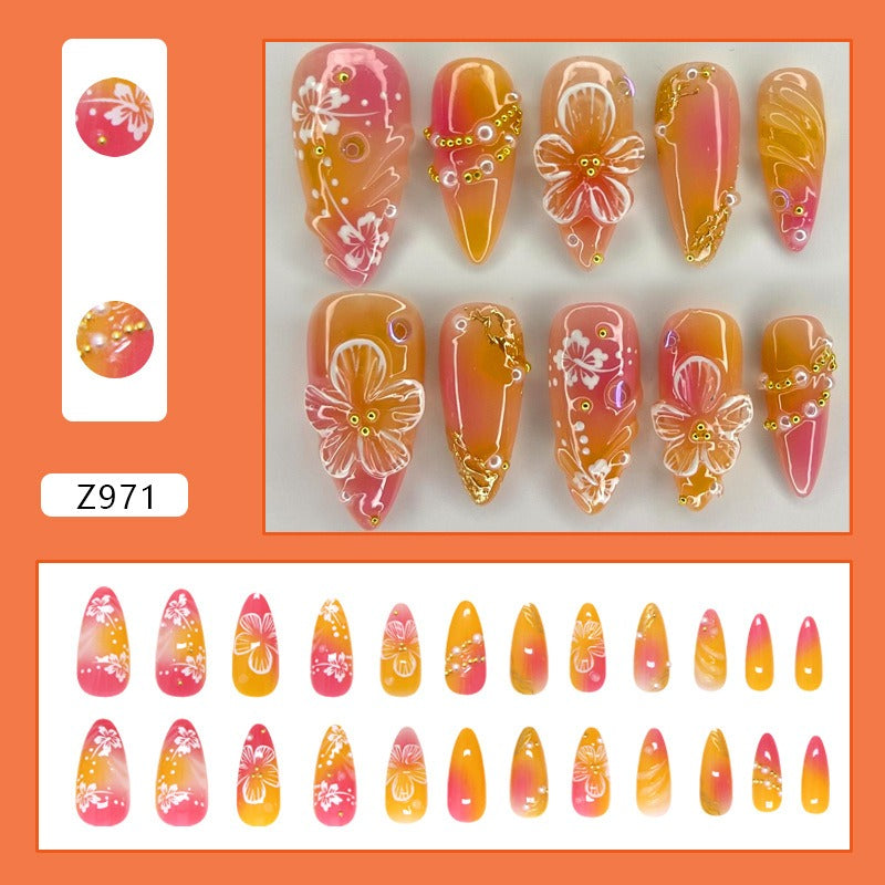 French Floral Press-On Nail Set | 3D Gold Powder Tips Press-On Nail Set Oasis Select