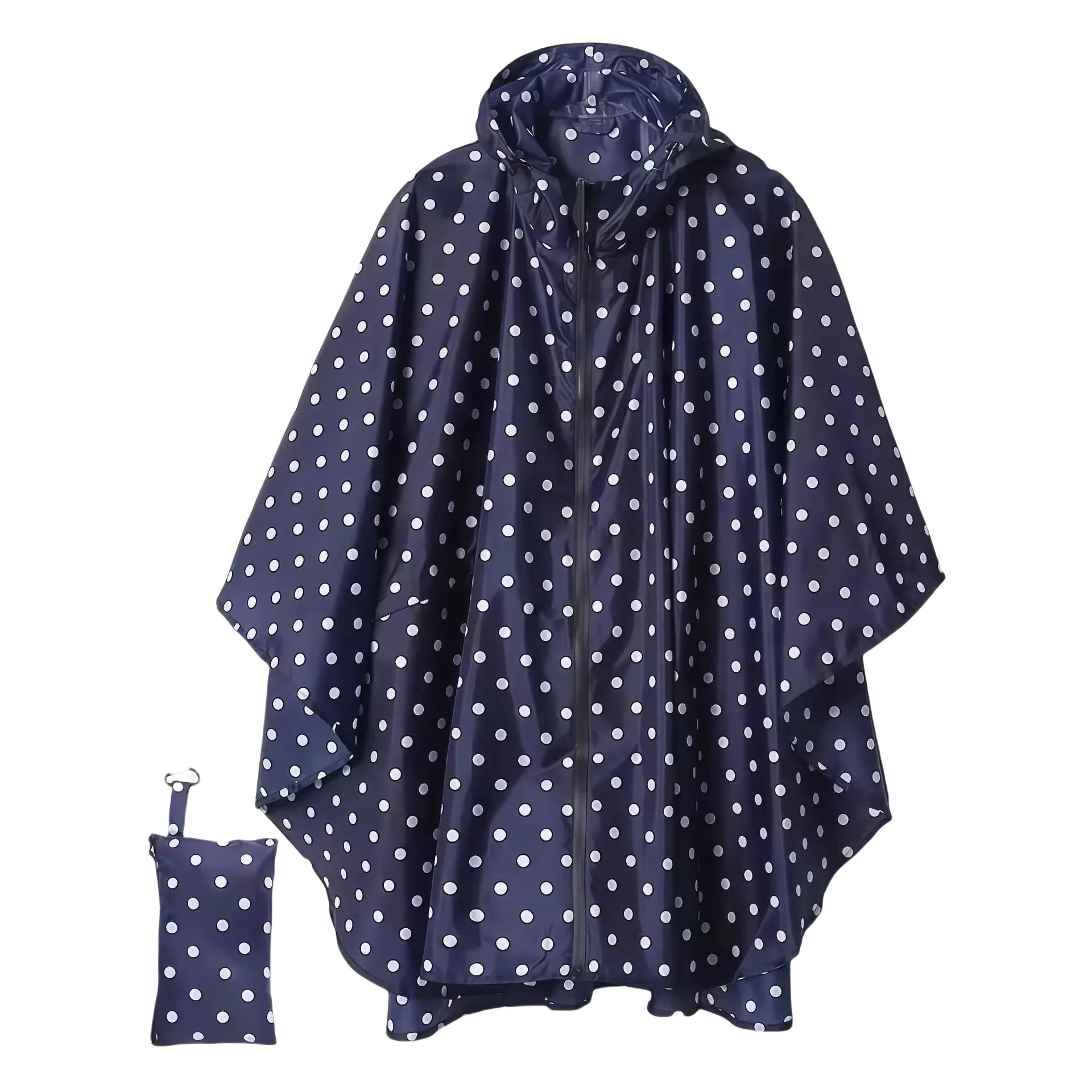 Portable adult zip-up rain poncho with white polka dot pattern unisex suitable for outdoor activities such as hiking and cycling Oasis Select blue