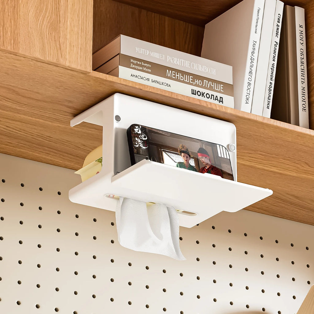 Tissue holder for under the mirror cabinet (no drilling required), hanging phone mount for the vanity, and multi-purpose storage Oasis Select