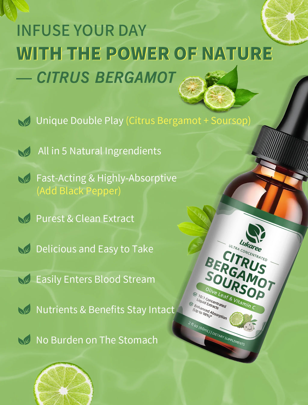Citrus Bergamot Liquid Drops Natural Supplement with Soursop,Red Yeast Rice,Olive Leaf, High Absorption Support Overall Wellness Oasis Select