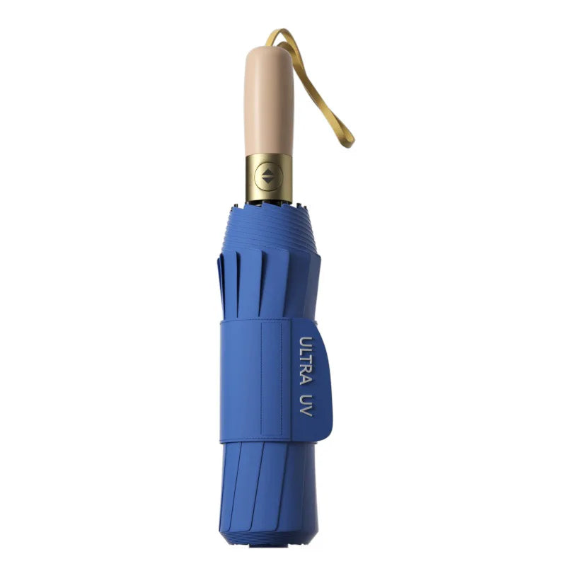 Solid wood handle automatic opening and closing, windproof and rainproof 12 large ribs large size unisex folding umbrella Oasis Select blue 12K Aluminum