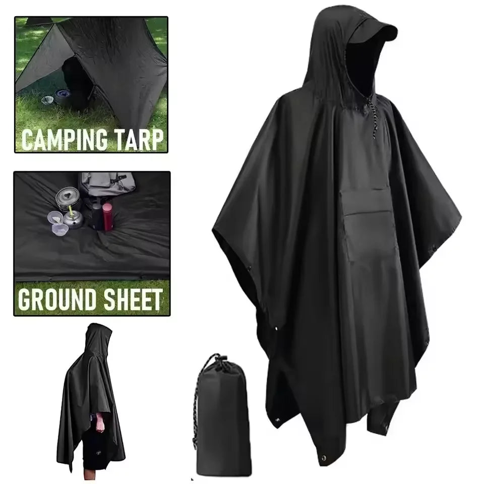 3-in-1 Outdoor Military Raincoat with Hood and Sleeves Waterproof Poncho Motorcycle Rain Cover Camping Hiking Raincoat Tent Oasis Select
