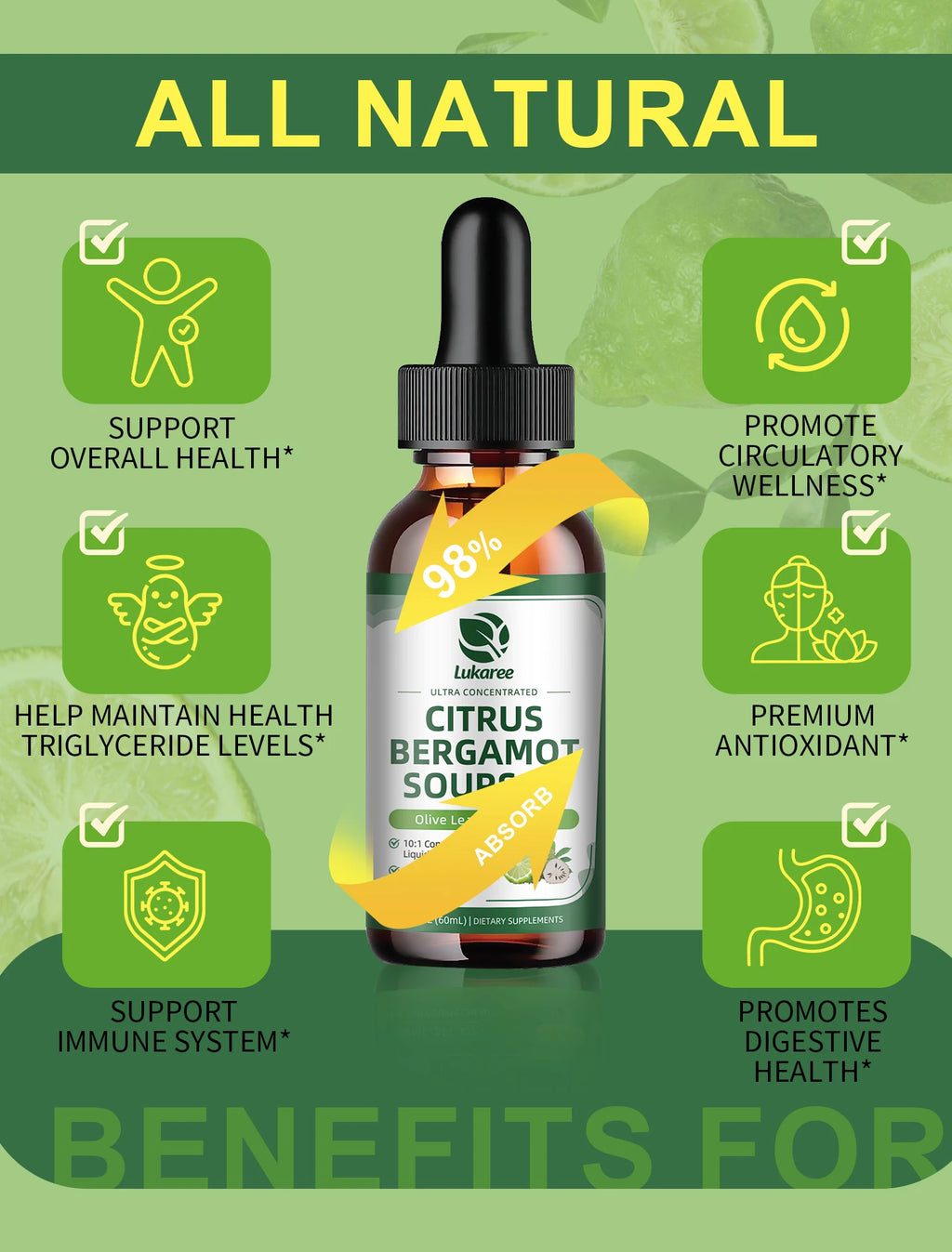 Citrus Bergamot Liquid Drops Natural Supplement with Soursop,Red Yeast Rice,Olive Leaf, High Absorption Support Overall Wellness Oasis Select