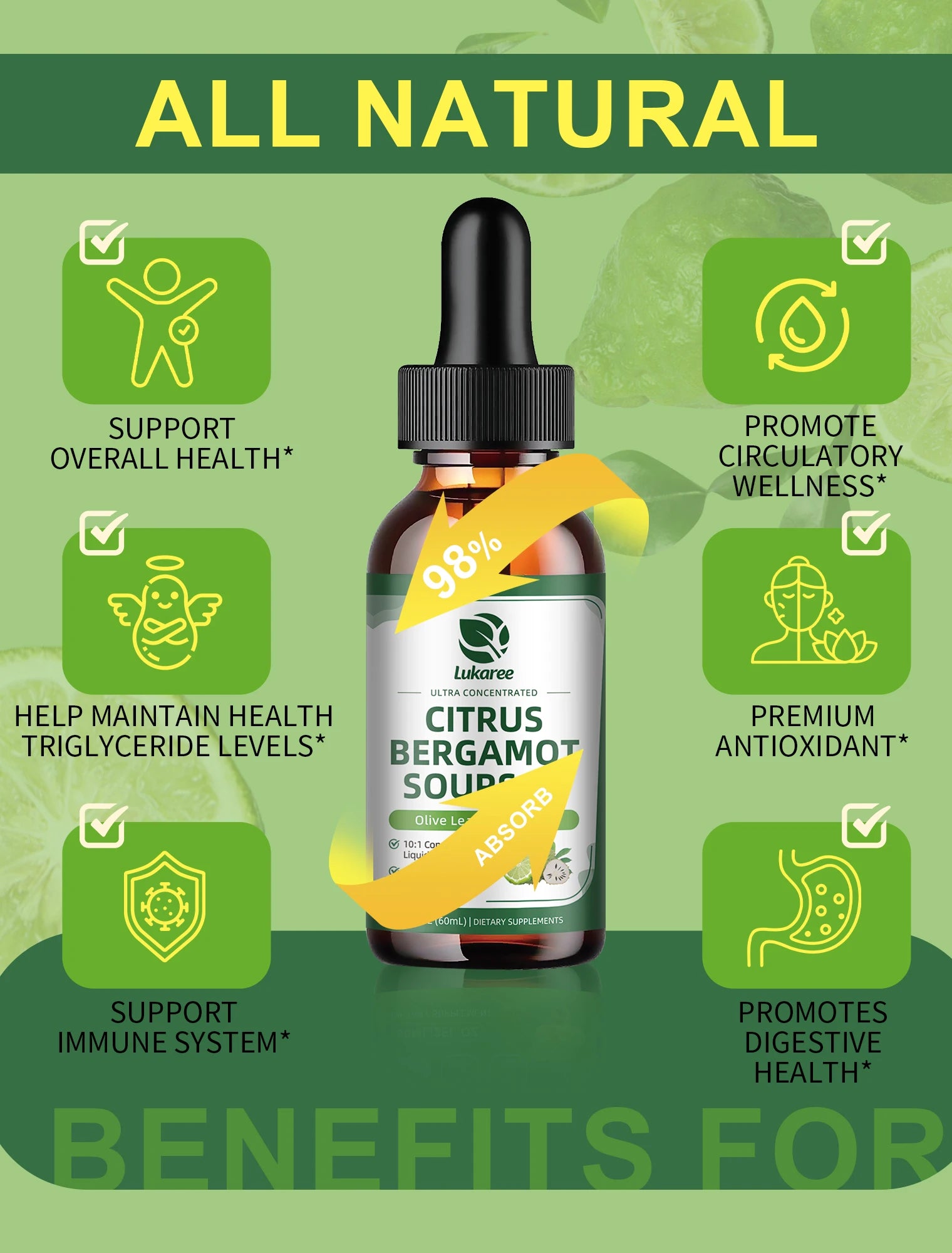 Citrus Bergamot Liquid Drops Natural Supplement with Soursop,Red Yeast Rice,Olive Leaf, High Absorption Support Overall Wellness Oasis Select
