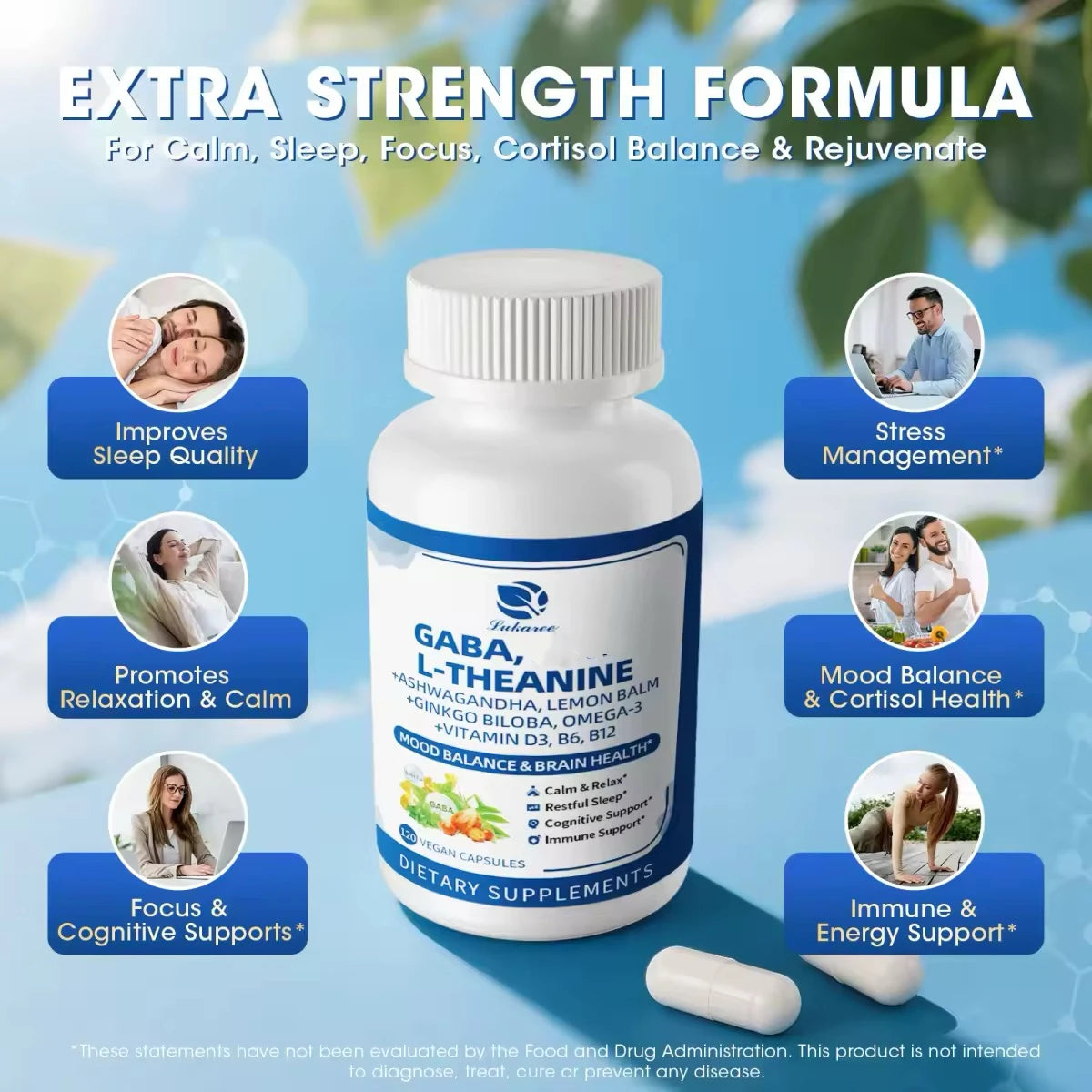LUKAREE 10 in 1 GABA Capsules with L-Theanine,Ashwagandha,Ginkgo Biloba for Sleep,Relaxation,Focus,Mood Support,Cortisol Balance Oasis Select