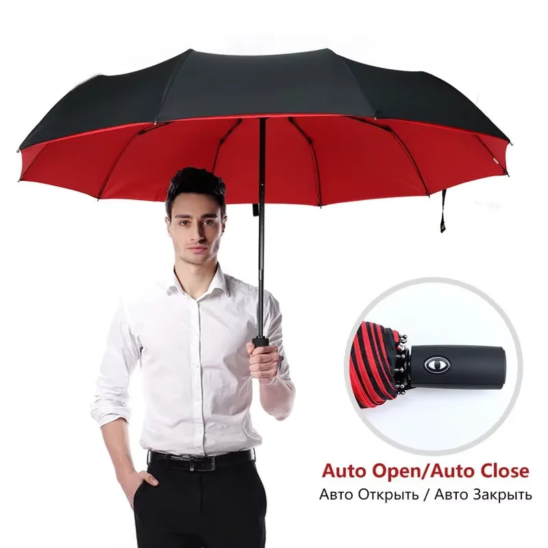 Fully automatic solid-color double-layered thickened windproof folding umbrella with 10 ribs provides sun and rain protection. Oasis Select