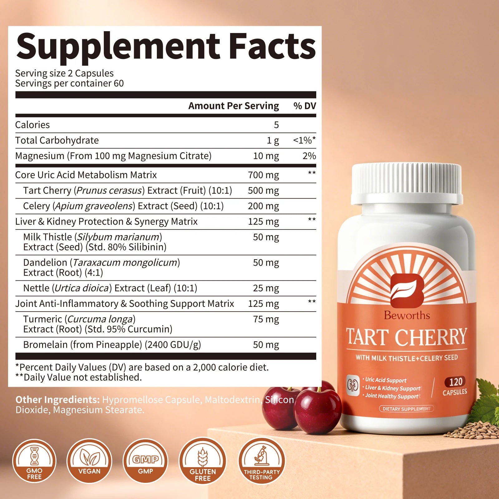 Beworths Tart Cherry Extract Pills Uric Acid Support Liver & Kidney Support Joint Healthy Support Natural Systemic Cleansing Oasis Select