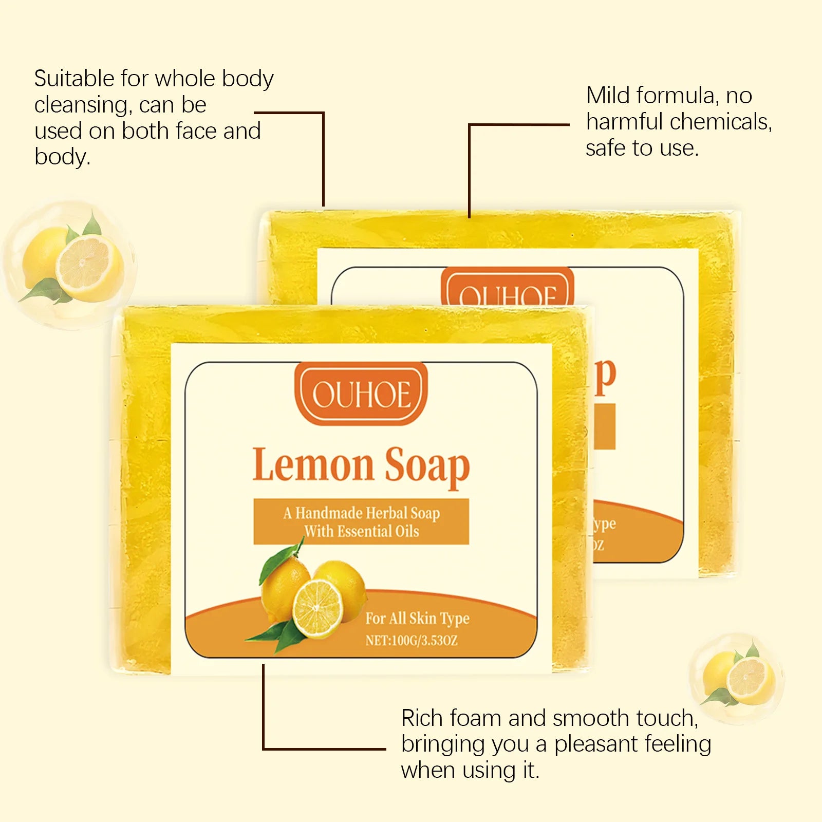100G Lemon Scent Body Soap Oil Control Refreshing Moisturizing Skin Cleaning Pores Brightening Natural Body Washing Soap Oasis Select