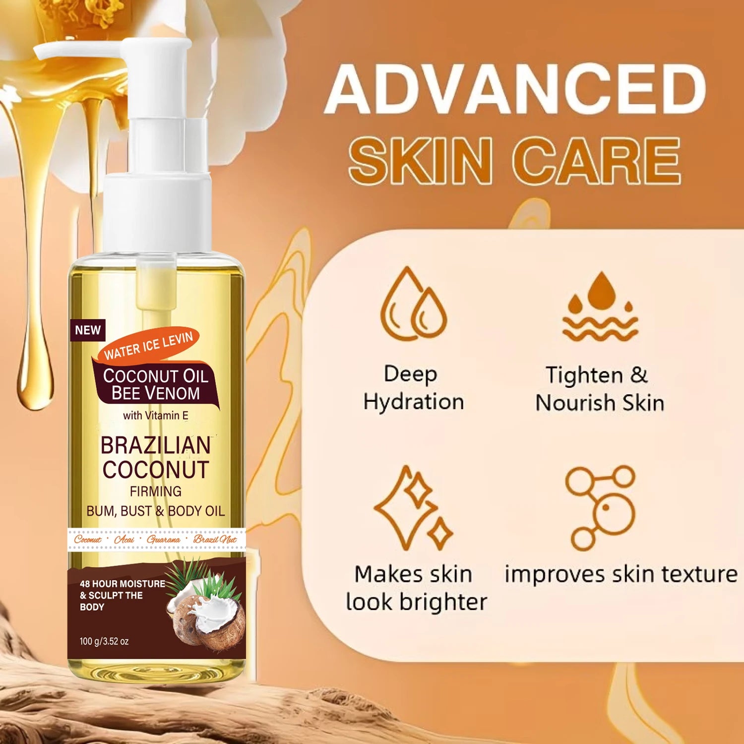 Brazilian Coconut Firming Body Oil, 48H Moisture & Sculpting with Acai, Guarana & Hyaluronic Acid for Bum & Bust Oasis Select