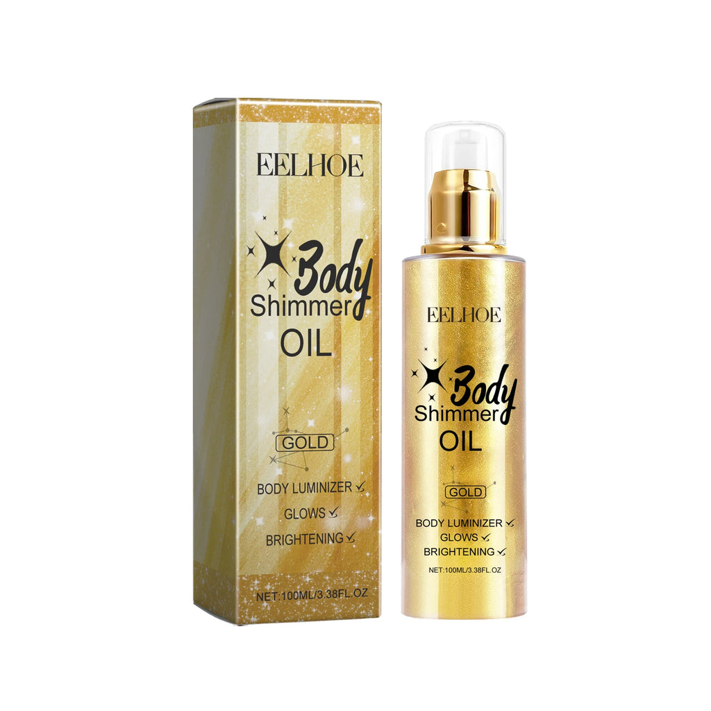 EELHOE Body Oil with Shimmer Brighten Glitter Face Contour Highlighter for Body Smooth Bronzer Liquid Illuminator Makeup 100ml Oasis Select golden