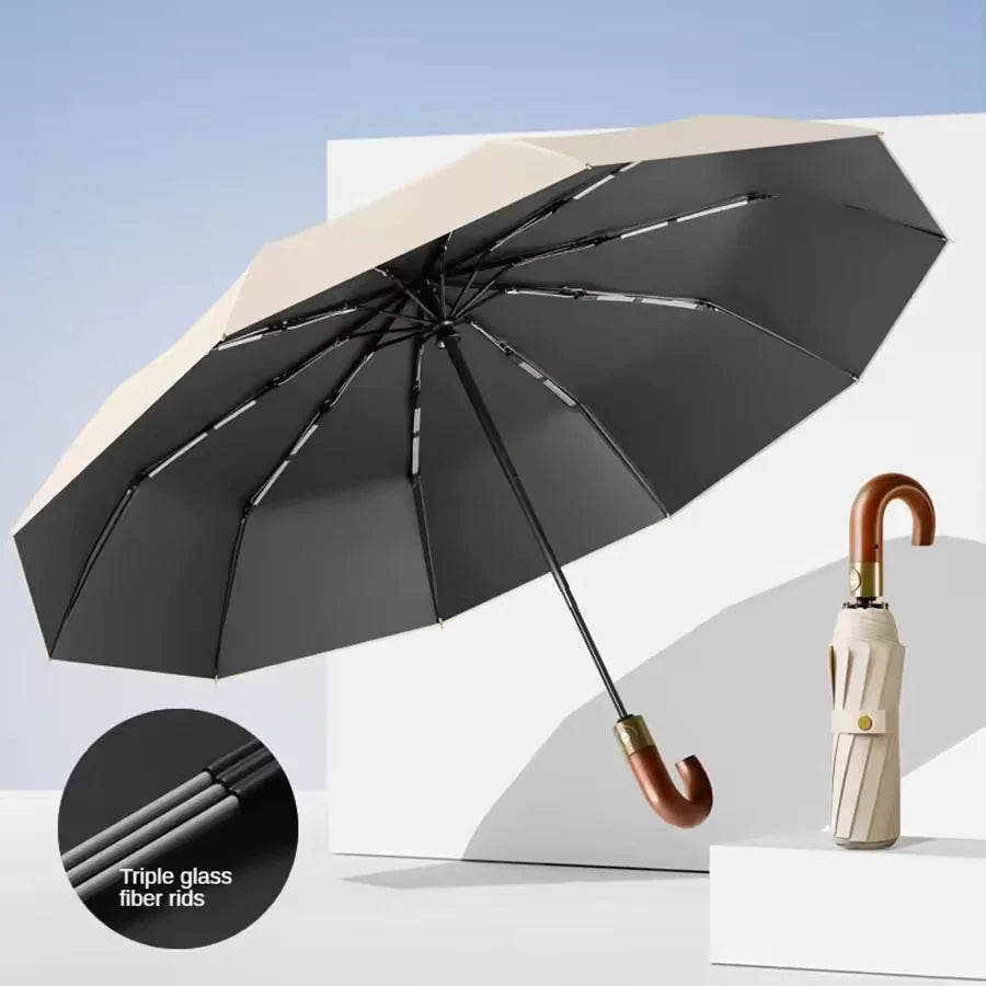 Fully automatic wooden handle curved hook windproof sunscreen folding umbrella for men and women in sunny and rainy weather Oasis Select wutong rice 10K full-fiber