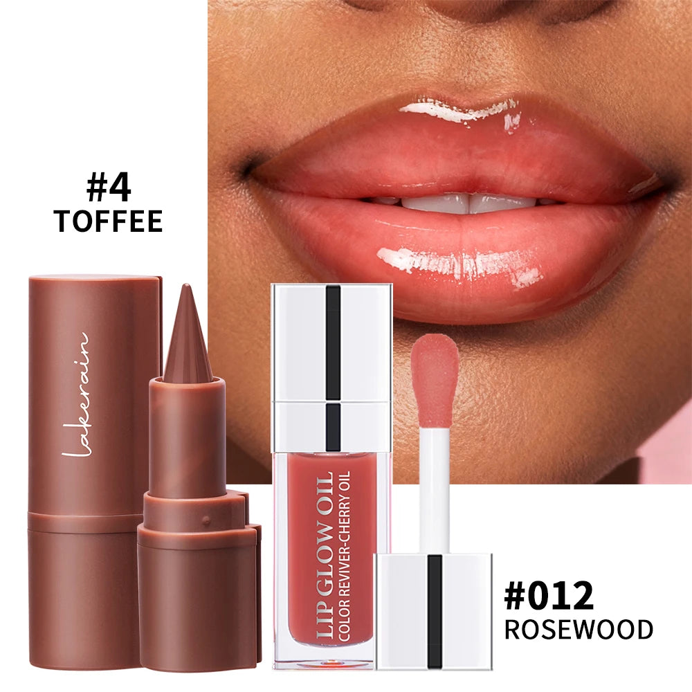 2pcs Nude Lip Combo Set Dark Brown Lip Liner With Glossy Pink Nude Gloss Shiny Long Lasting Lip Glossy Lips Lightweight Feel Ma Oasis Select color4