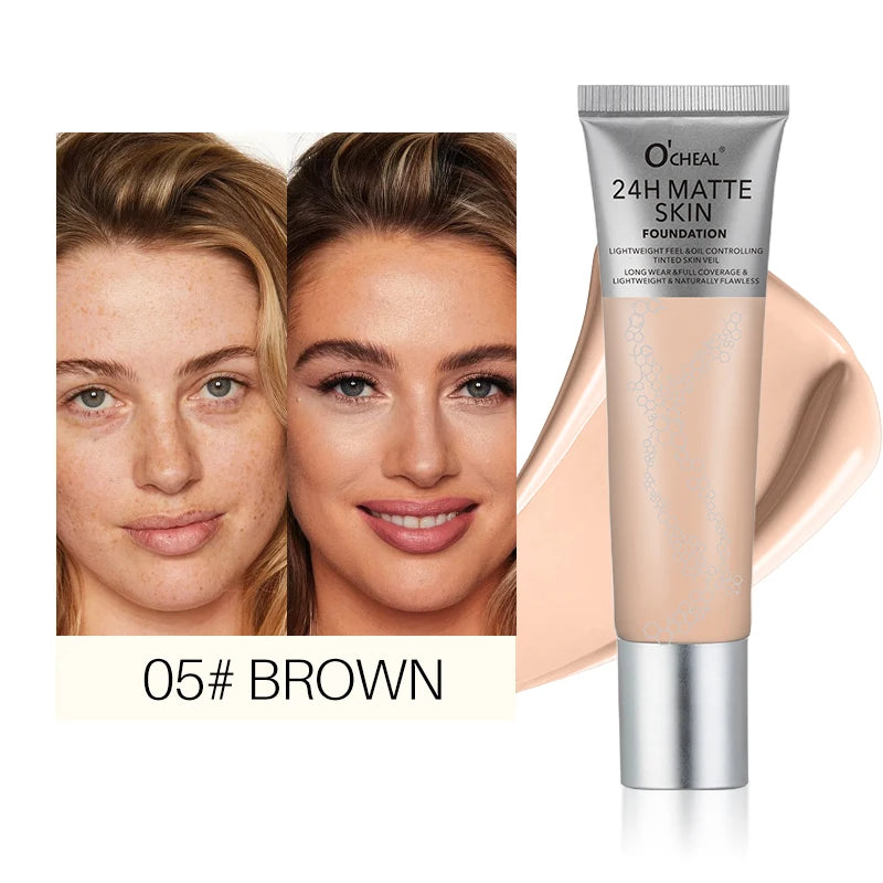 Ocheal Matte Sheer Liquid Foundation Cream 6-Colors Face Concealer Contouring Bronze Long Lasting Moisturizing Makeup Cosmetics Oasis Select 05-BROWN 30ml