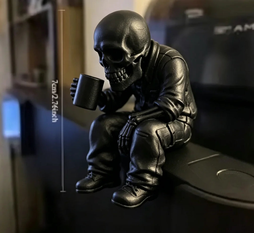 Seated Eerie Office Worker Skeleton Figurine 3D Printed Coffee Drinking Skull Desk Ornament for Humorous Home Office Decor Gifts Oasis Select Office Workers black