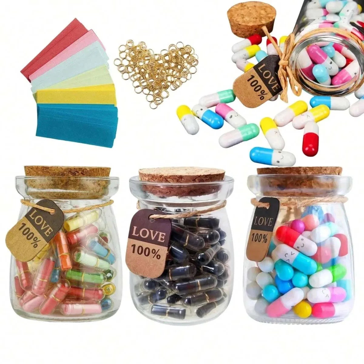 50pcs/Bottle Message Capsule Love Pills Rolled Paper Blank Notes Clear Wishing Bottle Capsule Pills Party Favorite Birthday Oasis Select