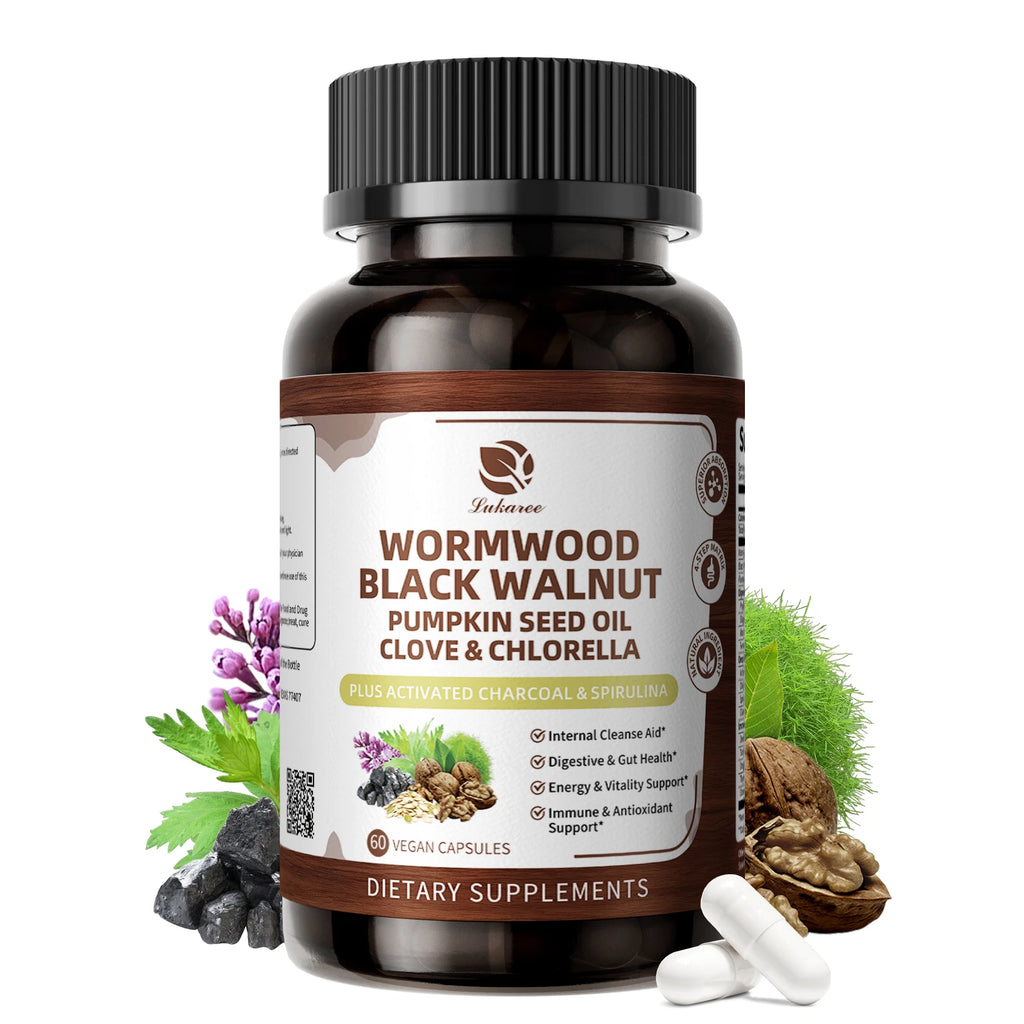 Lukaree 6-in-1 Wormwood Black Walnut Clove Capsules for Cleanse,Detox & Digestive Health with Pumpkin Seed 98% Absorption,Vegan Oasis Select 60pcs 5bottles United States