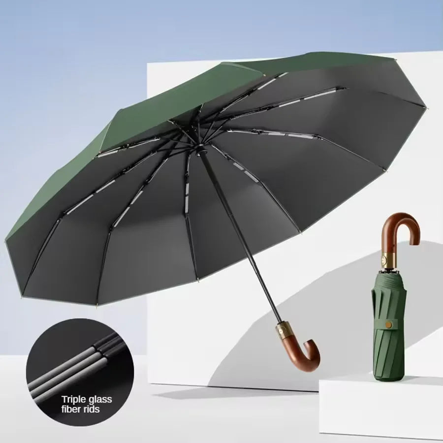Fully automatic wooden handle curved hook windproof sunscreen folding umbrella for men and women in sunny and rainy weather Oasis Select green 10K full-fiber