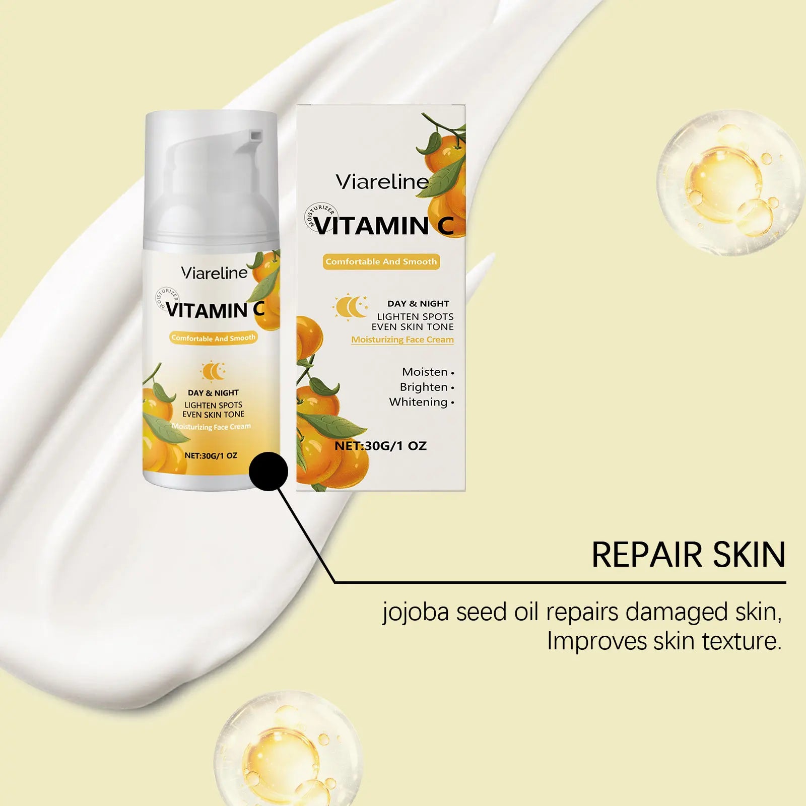 Viareline Vitamin C Face Cream Antioxidant Lifting Smoothing Enhance Skin Elasticity Deep Moisturizing Softening Face Cream Oasis Select