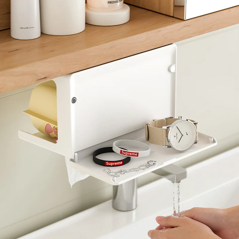 Tissue holder for under the mirror cabinet (no drilling required), hanging phone mount for the vanity, and multi-purpose storage Oasis Select