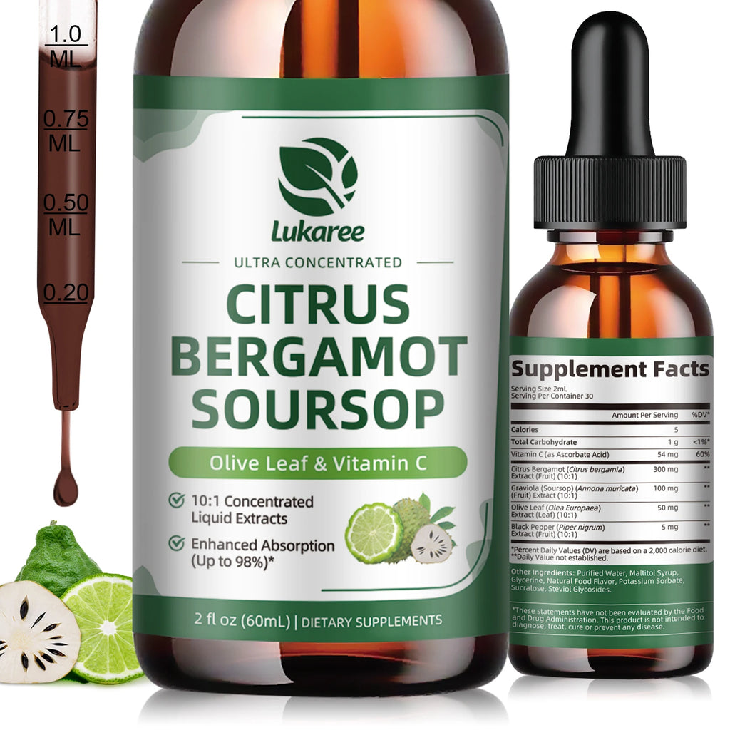Citrus Bergamot Liquid Drops Natural Supplement with Soursop,Red Yeast Rice,Olive Leaf, High Absorption Support Overall Wellness Oasis Select
