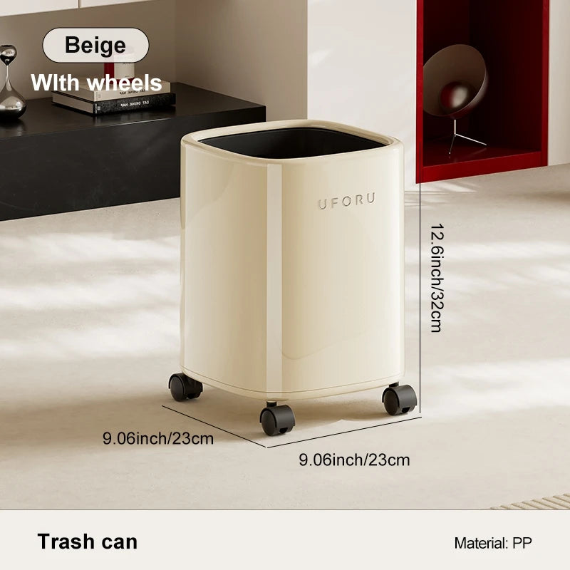 A versatile wheeled trash can that’s easy to clean and ideal for home use, perfect for bedrooms, living rooms, and bathrooms. Oasis Select beige with wheels